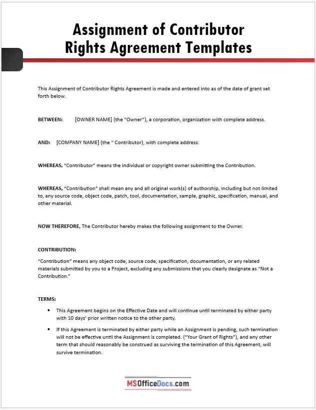 Assignment of Contributor Rights Agreement Template 1