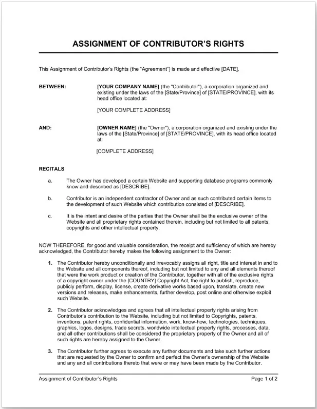 Assignment of Contributor Rights Agreement Template 4