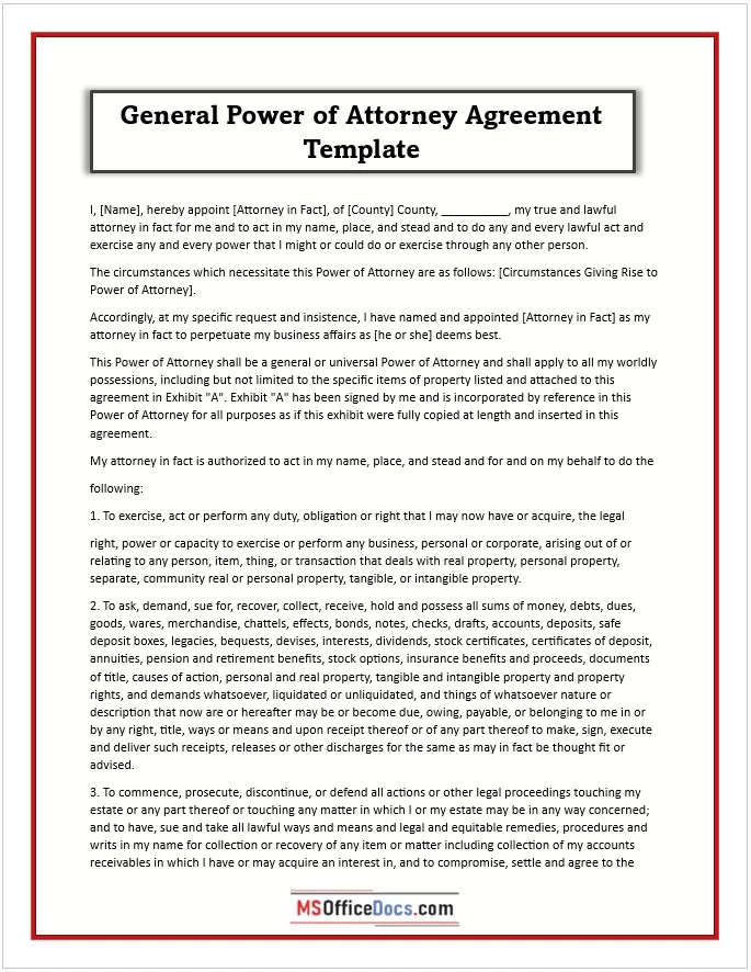 General Power of Attorney Agreement Template 1