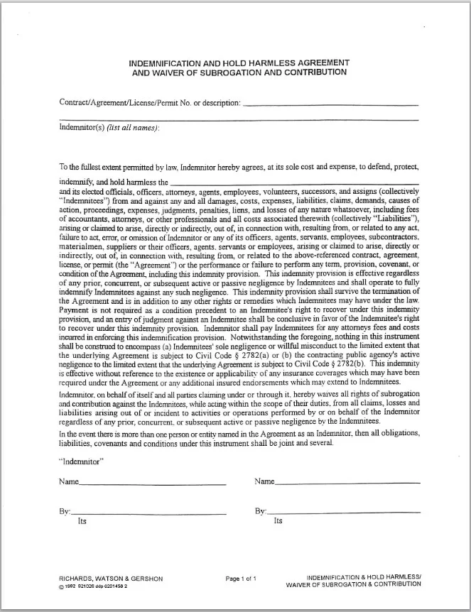 Hold Harmless Agreement Template 3