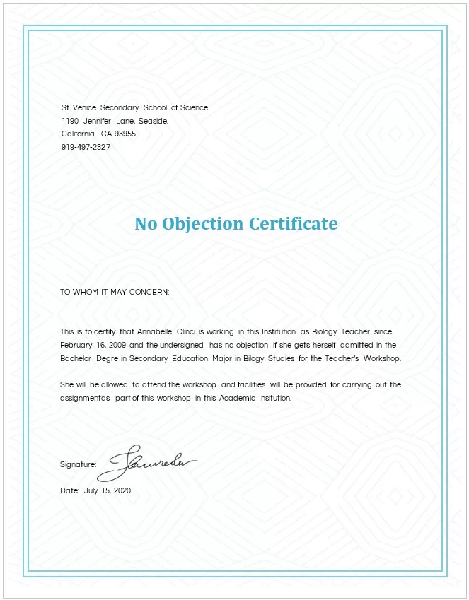 No Objection Certificate Template 3