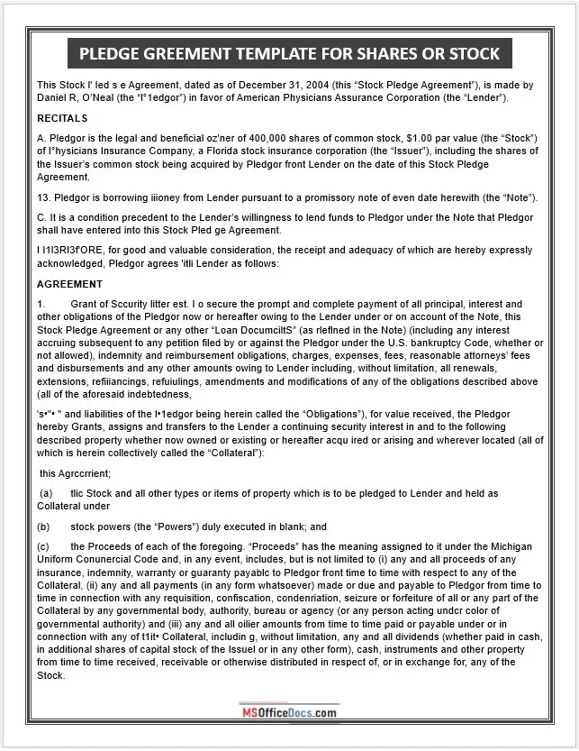 Pledge Agreement Template for Shares or Stock 1