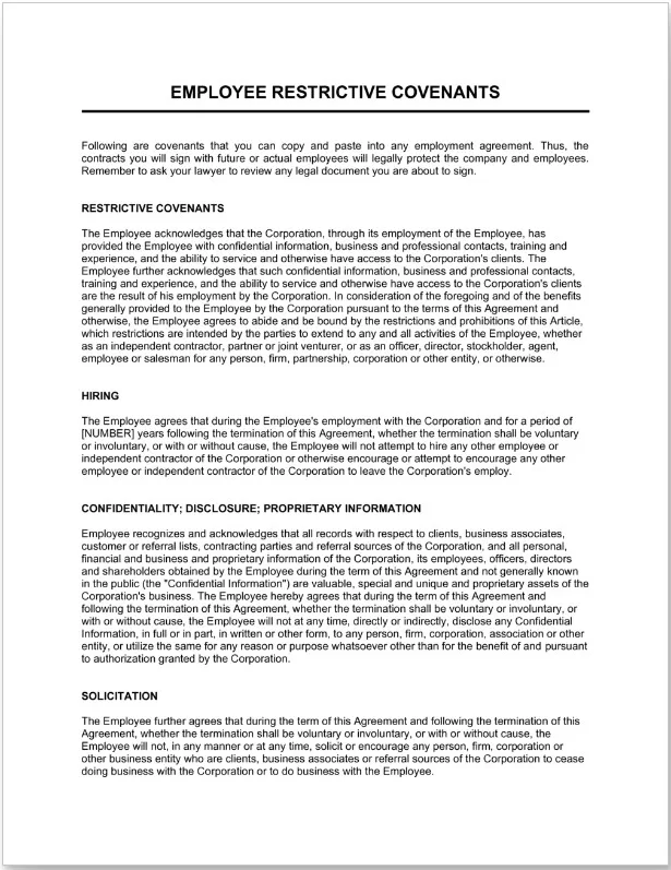 Restrictive Covenants for Employment Agreement Template 05