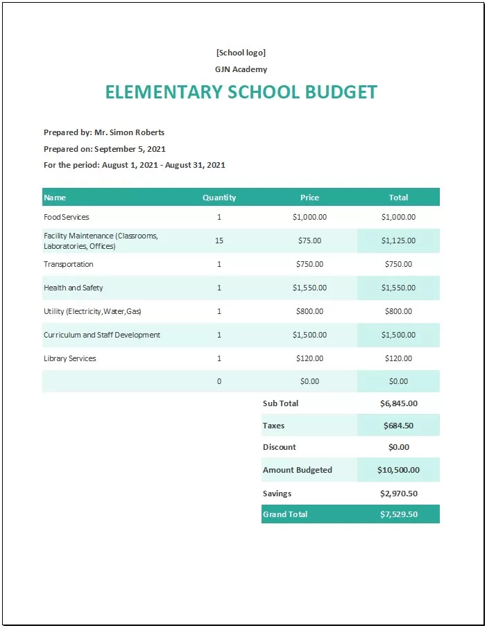 School Budget Template 3